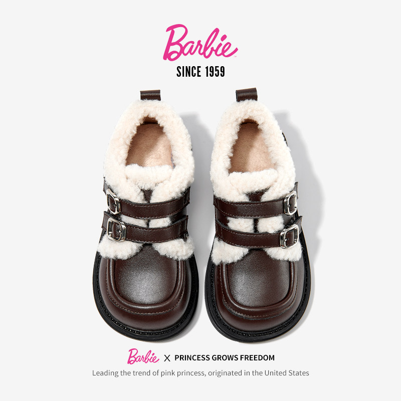 芭比童鞋女童二棉鞋2025新款冬季靴子加绒皮鞋儿童短靴毛毛豆豆鞋,淘宝优惠券,粉丝福利购,淘宝优惠卷