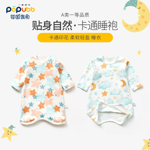 宝宝睡衣防踢被儿童睡袍连体夏季短袖纯棉婴儿睡裙家居服长袖春秋 - 图2