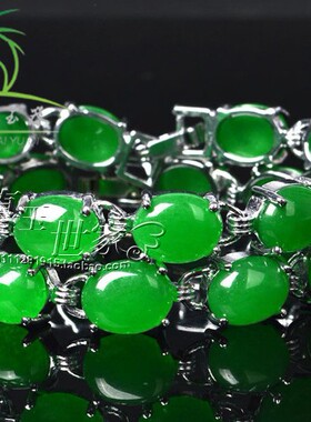 翡翠色满绿镶嵌银大圆珠手链戒面镶嵌男女款辣绿翡翠手串手链百搭