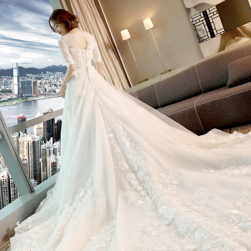 礼服2018新款夏季欧美公主新娘长袖一字肩孕