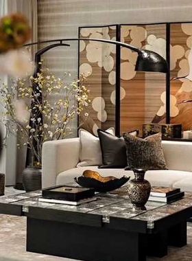 样板间新中式茶室软装展示柜博古架陈列装饰品搭配玉璧摆件组合