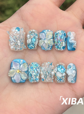 蓝色穿戴甲短款夏日手工雕花穿戴美甲2026新款高级感重工指甲贴片