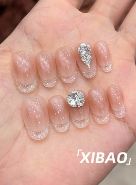 裸色穿戴甲短款手工显白华子版穿戴美甲2026新款法式猫眼指甲贴片
