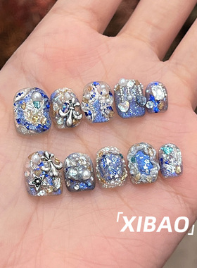 蓝色穿戴甲短款纯手工精致指甲贴片2026新款高级感重工穿戴款美甲