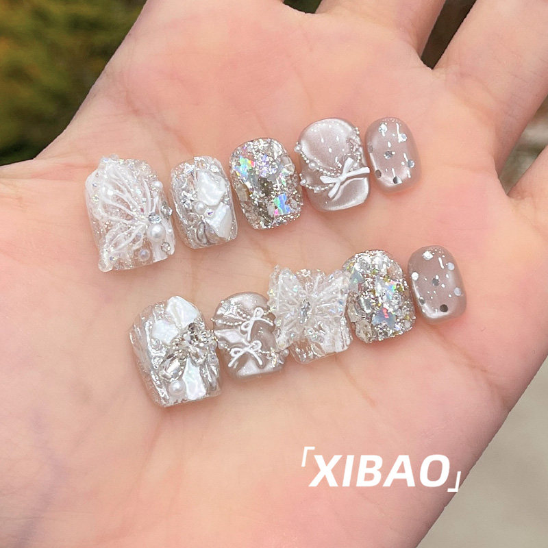 手工穿戴甲短款高级感精致蝴蝶穿戴美甲2025新款重工猫眼指甲贴片,淘宝优惠券,粉丝福利购,淘宝优惠卷