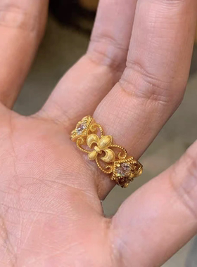 Vintage中古鸢尾花蕾丝戒指女轻奢高级食指戒开口戒尾戒重工配饰