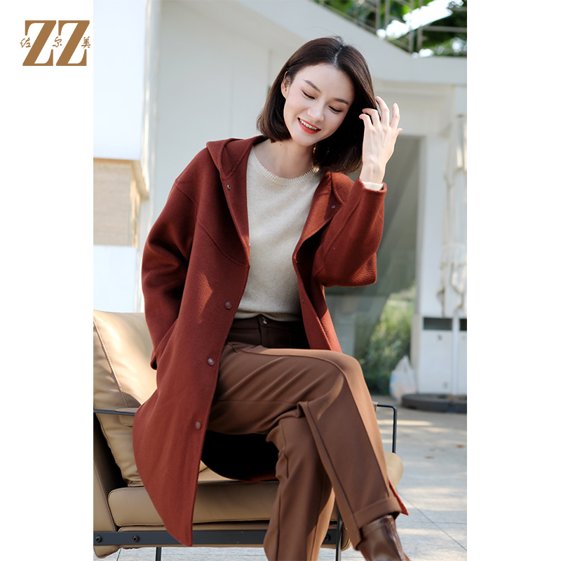 佐尔美冬季新款 气质连帽羊毛双面呢中褛外套女E34SM13 - 图1