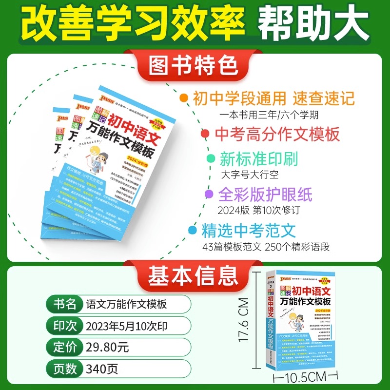 2024全彩版图解速记初中语文万能作文模板PASS绿卡图书初一初二初三作文素材七八九年级优秀模板范文中学生作文素材备战中考口袋书 - 图0