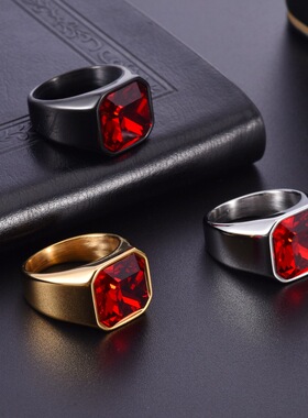 泰爱你高级感方形黑红石戒指