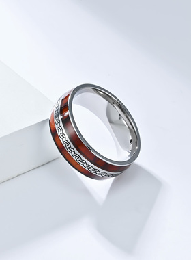 泰爱你欧美复古钛钢木纹戒指