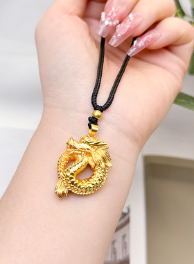 盘龙沙金项链女百搭小众黑绳霸气
