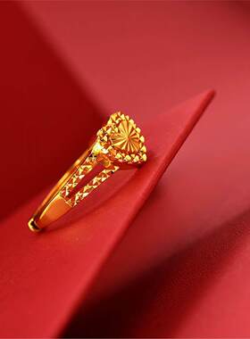 香港真金色戒指女款闪烁之心沙金戒指可调节气质百搭高级感戒指