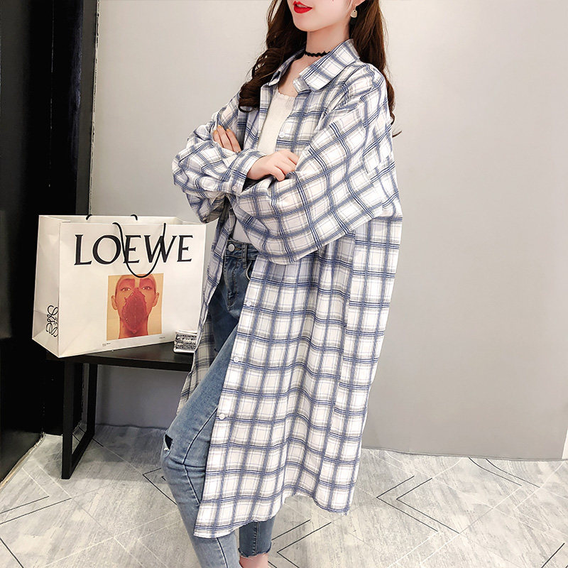长款中长款防晒格子雪纺新款潮衬衫 仙妃衬衫