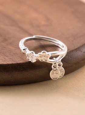 925银复古中国风花朵平安立牌吊坠戒指个性开口可调节食指戒女