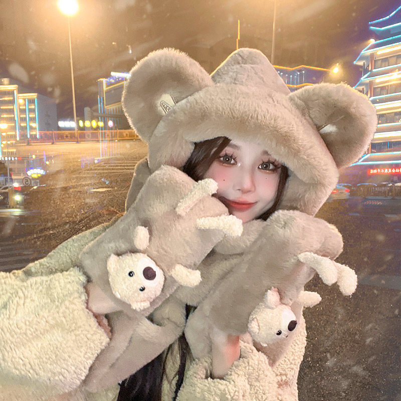 可爱围脖一体连帽秋冬季小熊帽子 型公馆服饰帽子