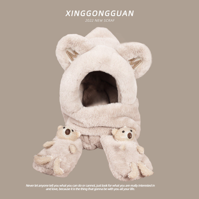 可爱围脖一体连帽秋冬季小熊帽子 型公馆服饰帽子