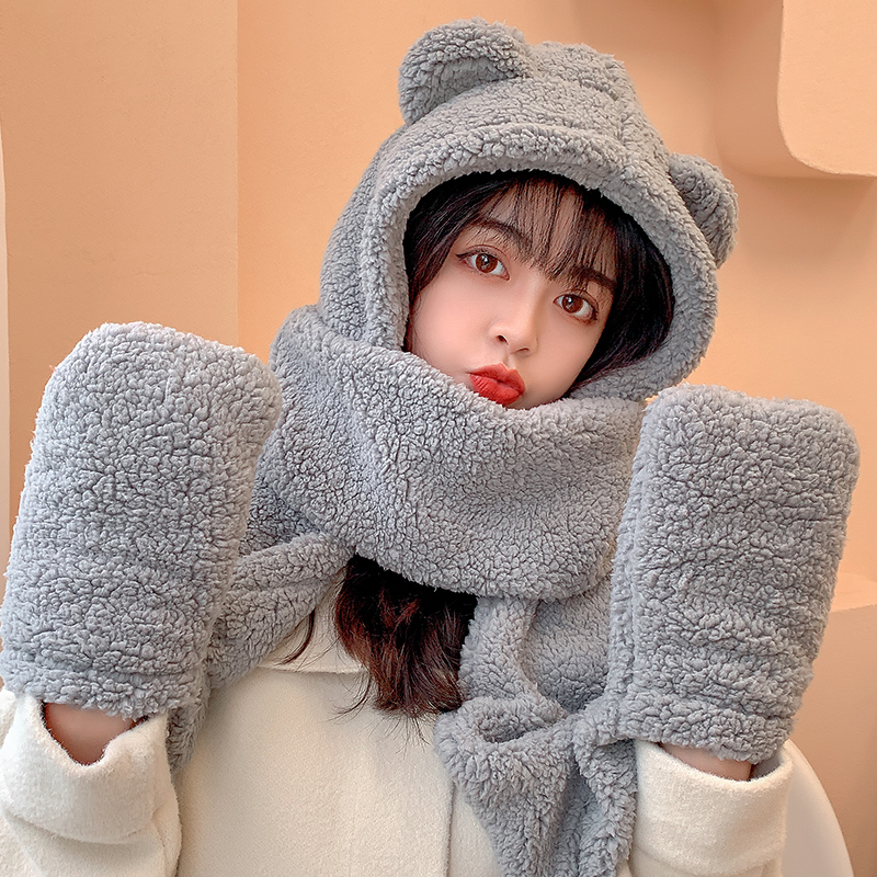 型公馆服饰旗舰店小熊帽子毛绒围巾女冬季可爱冬天手套三件套连帽一体护耳围脖保暖2
