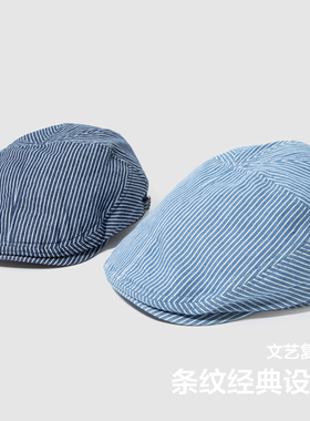 复古蓝白条纹前进帽女春秋季新款短檐鸭舌帽文艺百搭反戴贝雷帽子