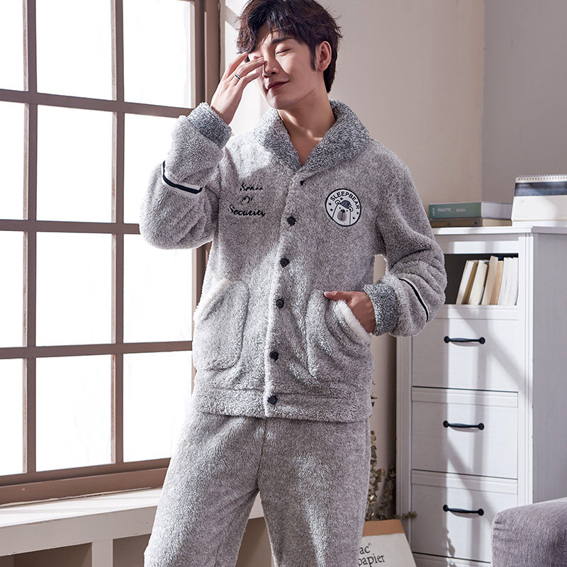 男士冬季珊瑚绒加绒青少年款天睡衣 国货服饰睡衣/家居服套装