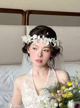 新娘白色超仙仿真蕾丝花朵羽毛头饰婚纱礼服配饰森系造型发饰
