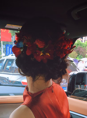 超仙新娘红色仿真花手工头花盘发套装结婚敬酒服秀禾花朵拍照头饰