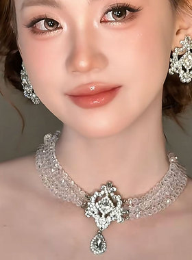 水晶多层项链耳夹三件套女高级感水滴吊坠锁骨链新娘结婚首饰配饰
