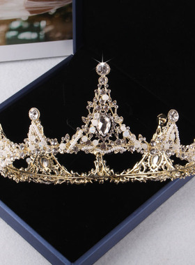热卖高端新娘饰品婚纱配饰浅金色手工圆冠公主王冠项链耳环三件套