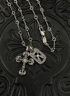 做旧火焰双十字架镶钻项链男潮百搭时尚个性s925银吊坠设计感小众