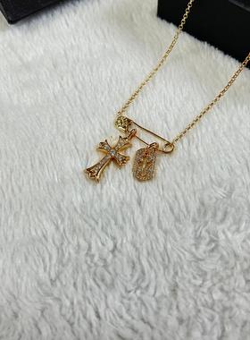 现货复古做旧轻奢宗 别针双双十字架项链锁骨链 泰银情侣款 礼物