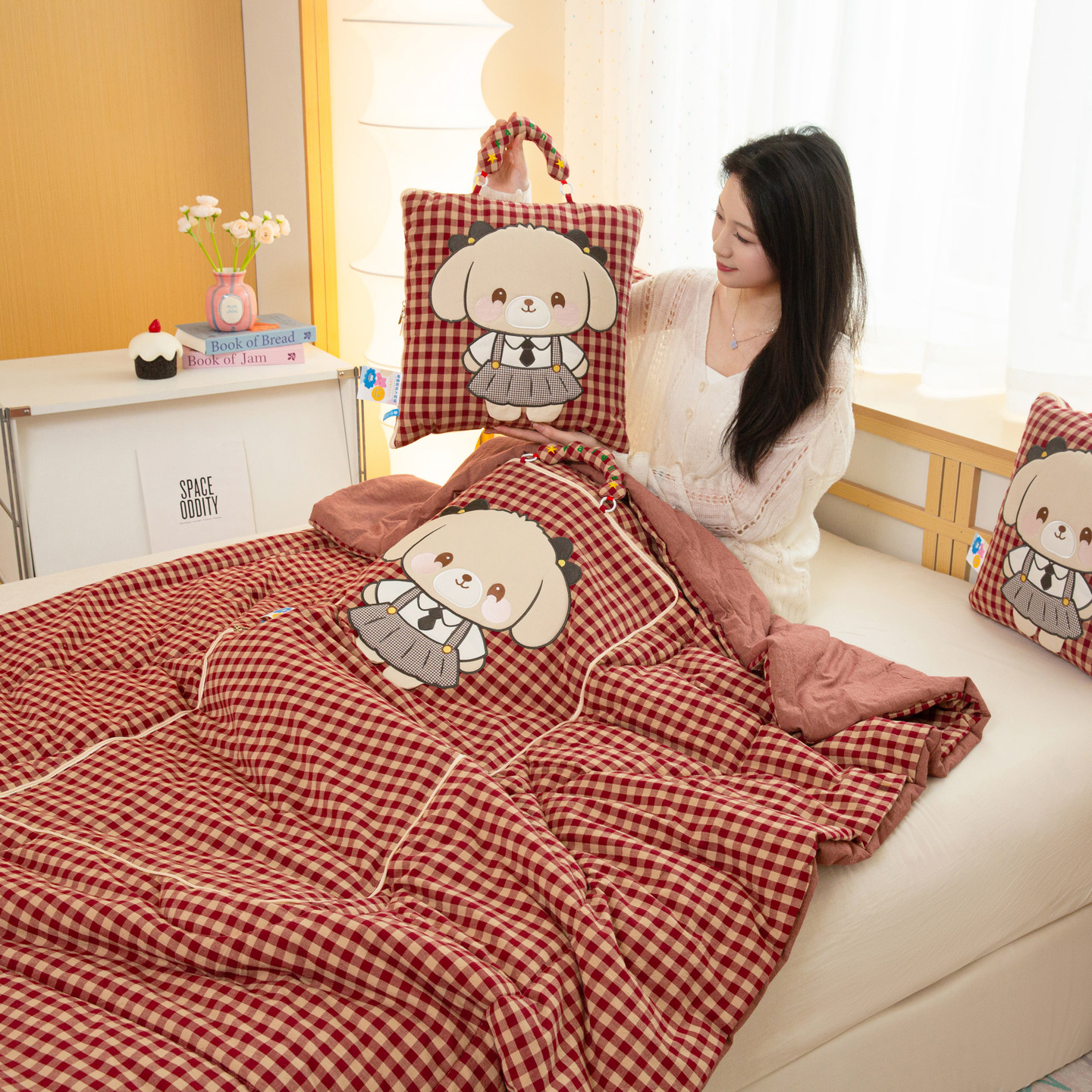 全棉手提色织抱枕被子两用卡通学生午休纯棉被车载靠礼品抱枕四季