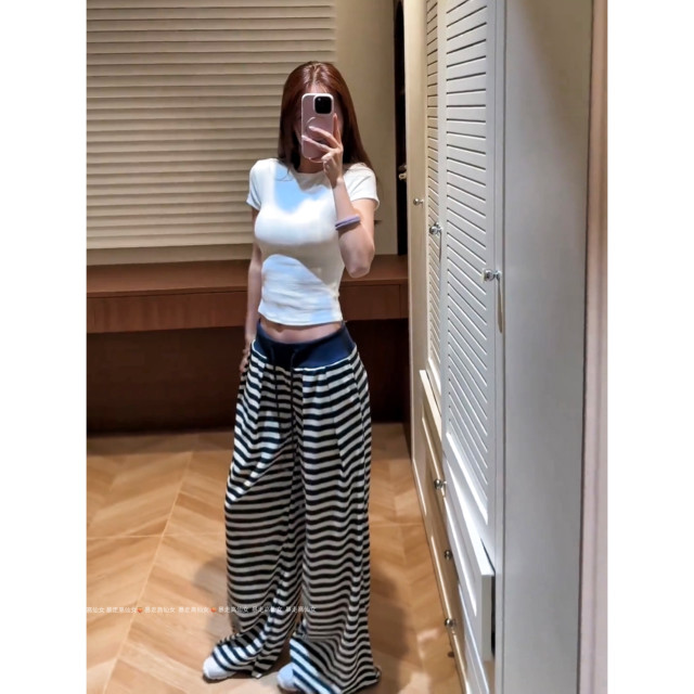 Runaway Tall Fairy 175 ສູງ 175 ສູງ navy striped ຂາກ້ວາງຂອງແມ່ຍິງ 2026 ລະດູໃບໄມ້ປົ່ງແລະ summer ກາງເກງຂາຍາວແອວສູງແບບປົກກະຕິ