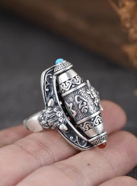 新中式复古祥云六字真言戒指小众设计男款可旋转开口指环国潮配饰