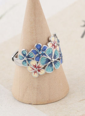 国潮繁花似锦戒指高级感民族风滴胶珐琅彩复古花朵女开口指环文艺