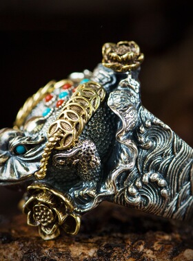 新中国风复古聚宝金蟾戒指手工彩石镶嵌男生霸气个性指环招财手饰