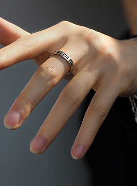 长城纹开口可调节戒指复古