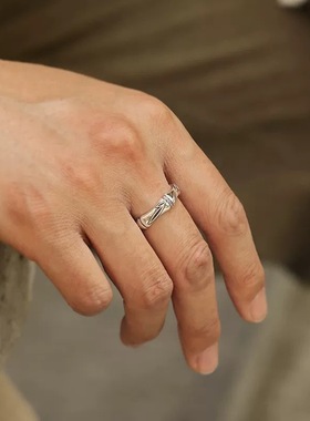 新款复古竹节戒指男生潮流百搭高级感开口指环长城纹自律个性设计