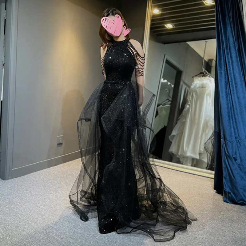 影楼黑色修身婚纱轻奢小众高级感 金典新娘礼服/晚装