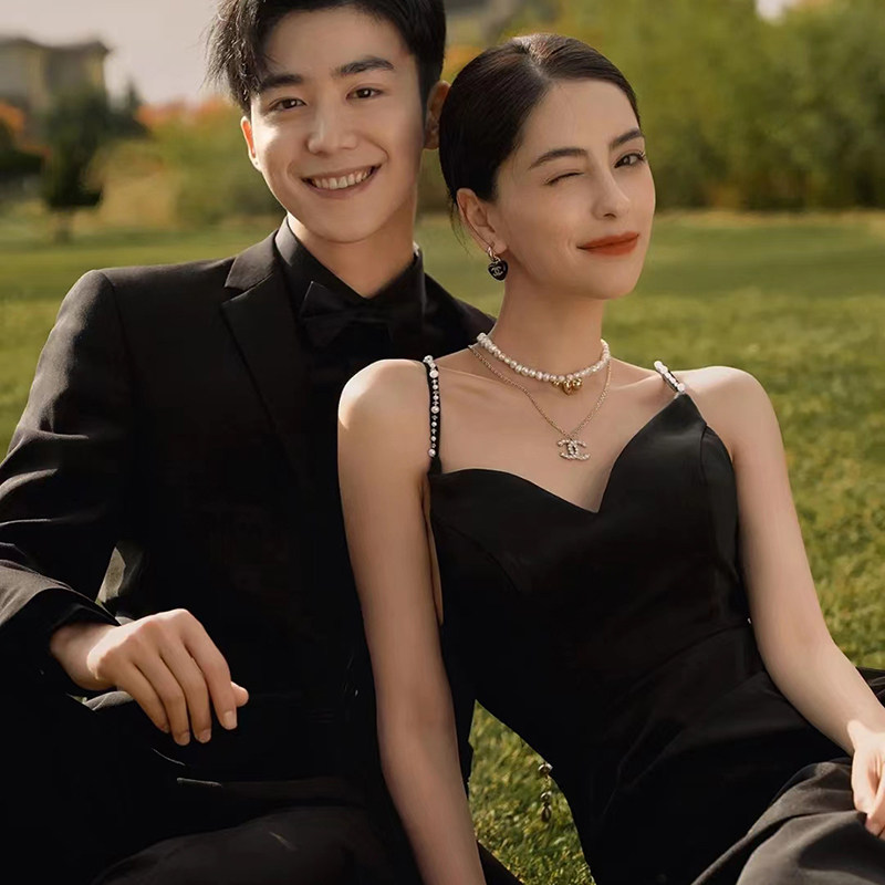 影楼黑色吊带婚纱露背高级感连衣裙 金典新娘礼服/晚装