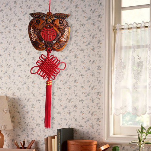 富贵平安符壁饰 福字苹果鱼形中国结家居饰品 木雕墙饰工艺品礼品 - 图0