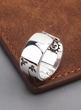 S925纯银高桥点金太阳飞鹰开口戒指男女同款复古日系百搭指环潮流