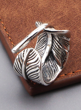 s925银饰品复古羽毛开口戒指