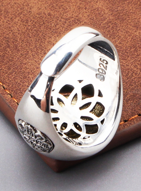 s925纯银饰十二生肖男士可转动开口戒指霸气宽版个性复古宫廷指环