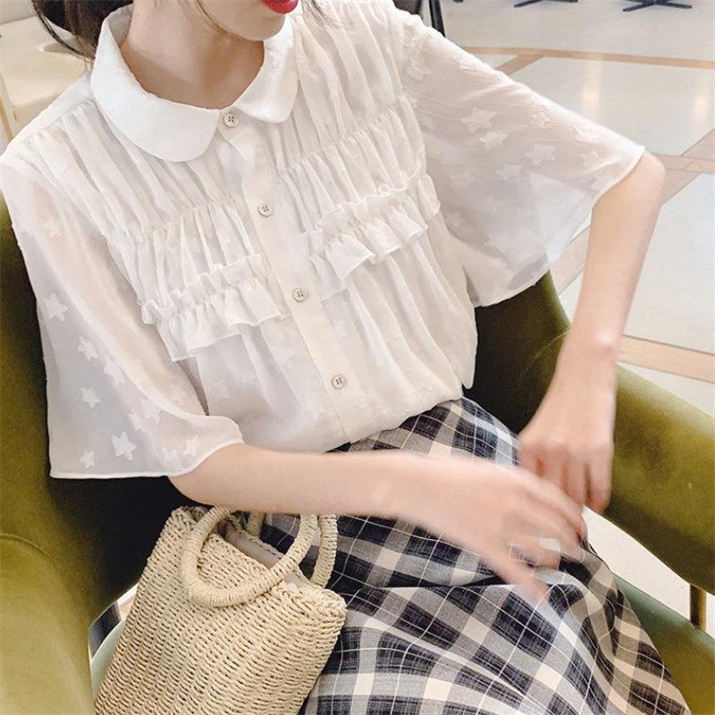 遮肚子雪纺衫2020夏季新款短袖衬衫 冯陈陈女装蕾丝衫/雪纺衫