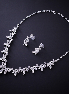 金色叶子水滴钻新娘结婚项链耳环