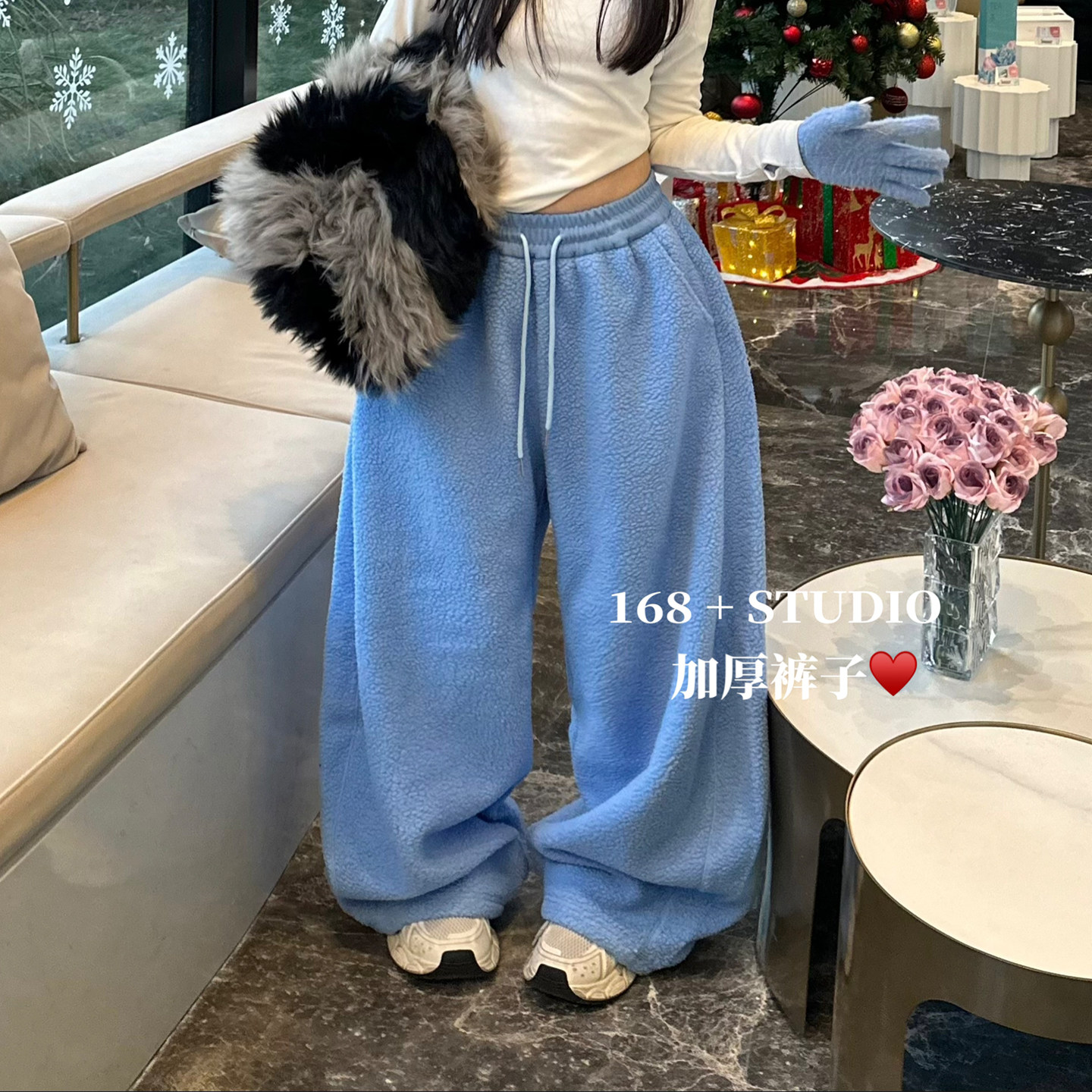 羊羔毛垂感高腰弯刀阔腿裤女加绒加厚宽松韩版大码净版纯色休闲裤,淘宝优惠券,粉丝福利购,淘宝优惠卷