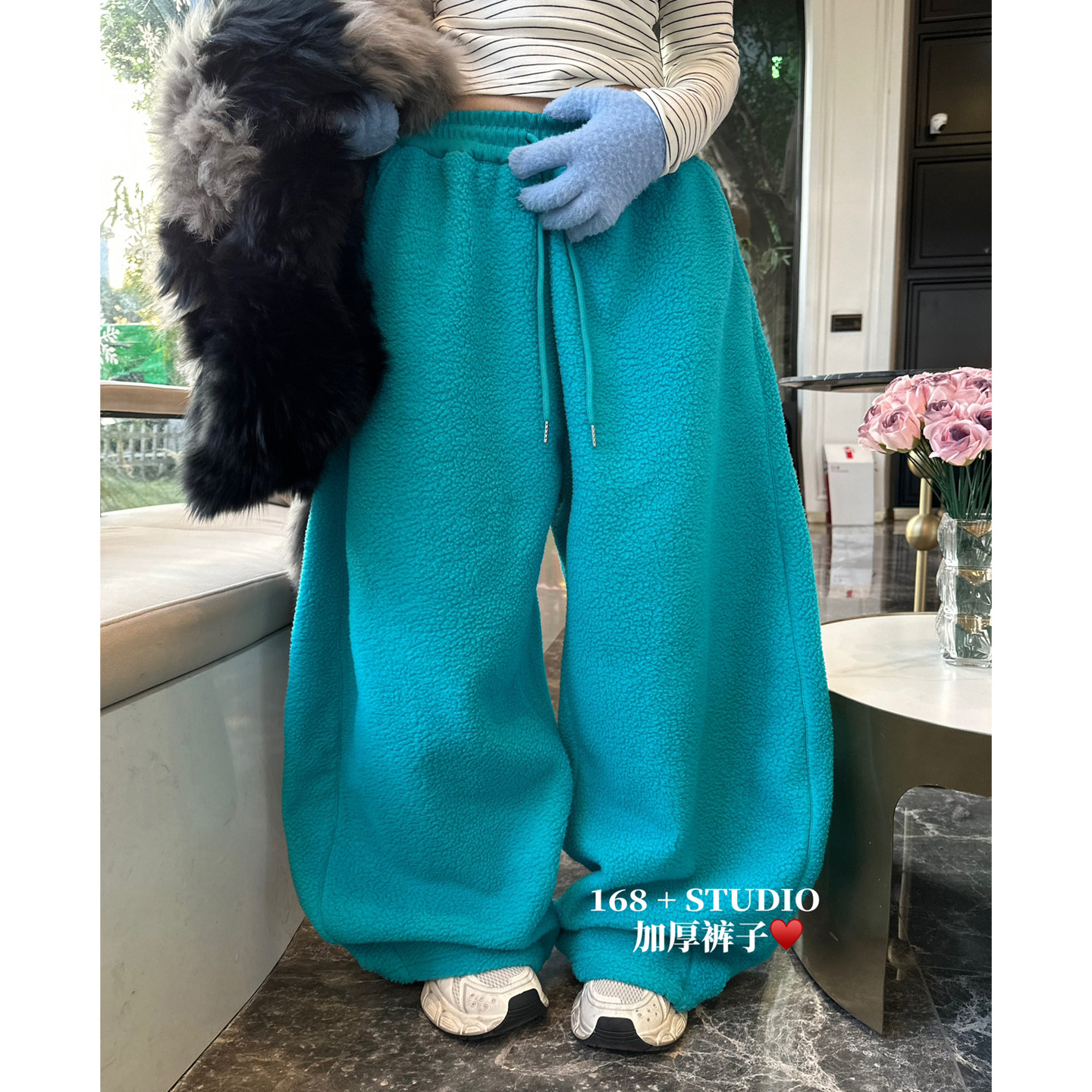 羊羔毛垂感高腰弯刀阔腿裤女加绒加厚宽松韩版大码净版纯色休闲裤,淘宝优惠券,粉丝福利购,淘宝优惠卷