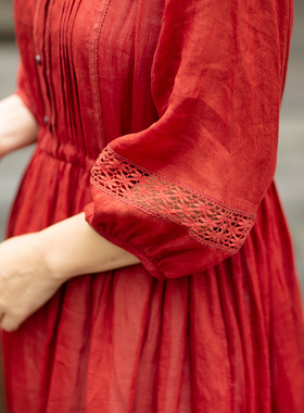 飘逸仙气红色灯笼袖细苎麻连衣裙
