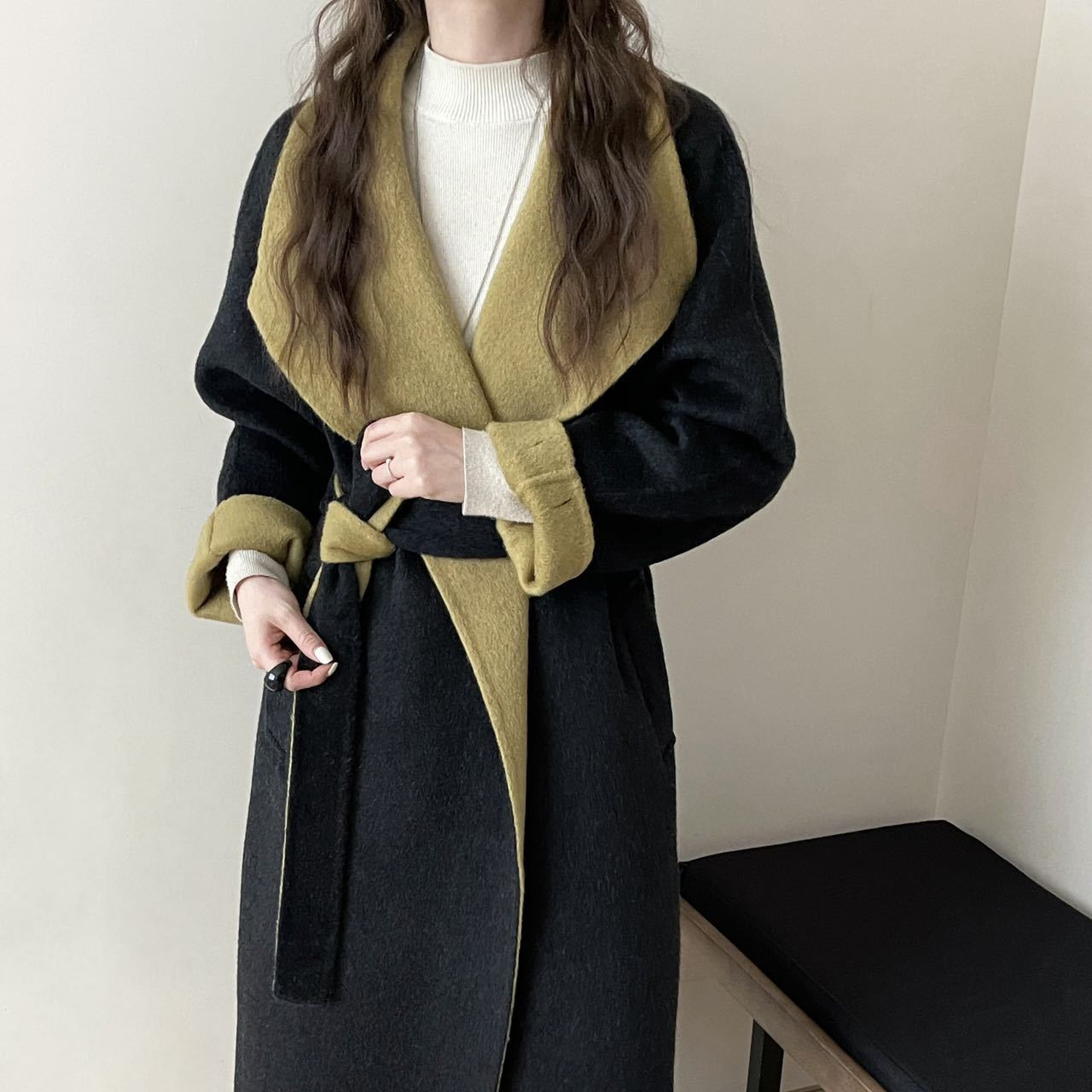 云端触感！秋冬两色大翻领插肩袖系带加长款双面羊毛大衣毛呢外套 - 图0