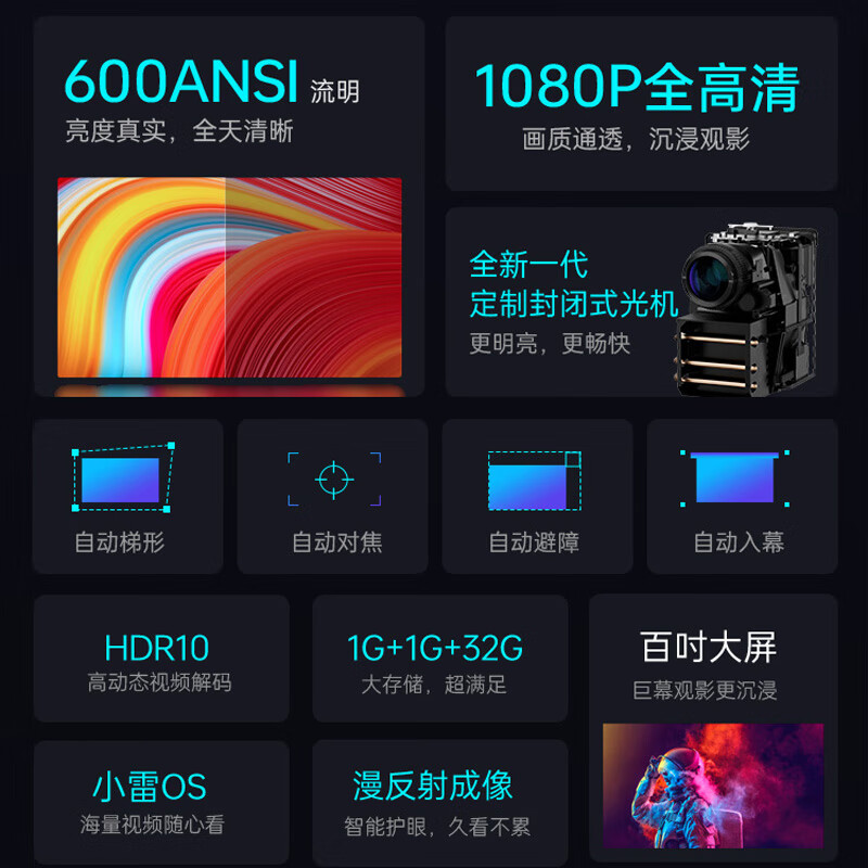 雷神小雷P1投影仪家用智能家庭影院自动对焦自动校正自动入幕自动避障 600ANSI流明 原生1080P 投影仪