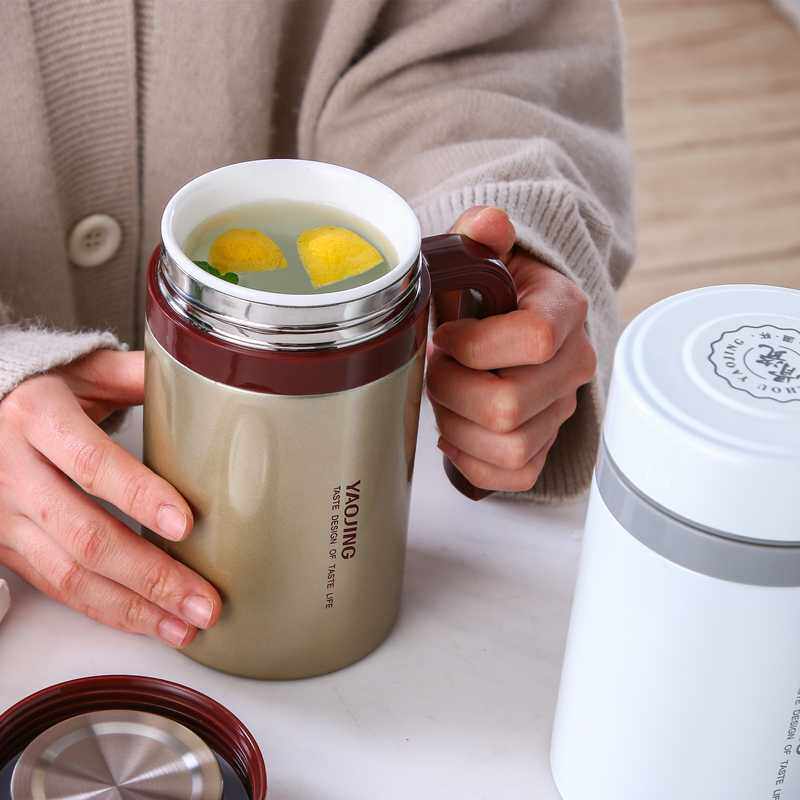 耀旌骨瓷内胆保温杯 陶瓷手柄办公家用大容量480ml泡茶真空保温杯